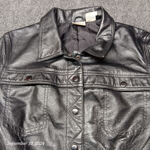 Newport News Jeanology Leather‎ Jacket Women 12 Black Snap Bomber Coat Lined